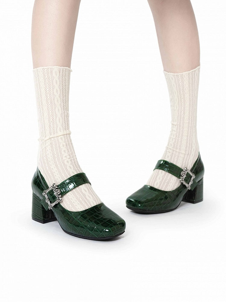 Polished Green 6CM Block Heels Mary Janes