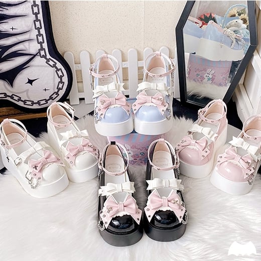 Punk Crosses and Chains Black Bow Accents Platforms Buckle Ankle Strap