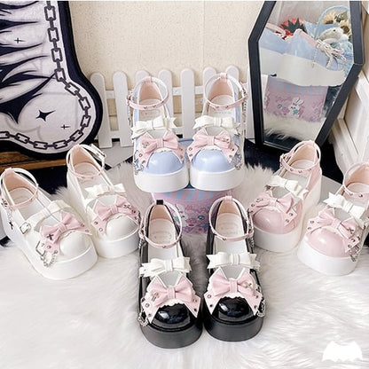 Punk Crosses and Chains White Bow Accents Platforms Buckle Ankle Strap