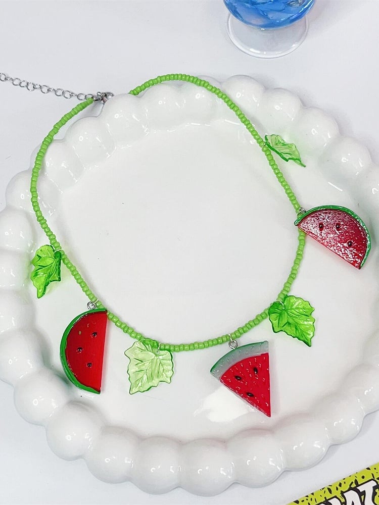 Green&Red Y2K Watermelon And Leaf Pendant Necklace
