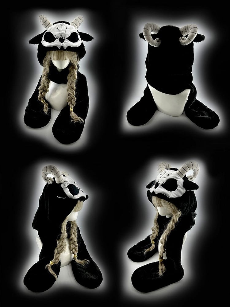 Clearance-Black and White Grim Reaper Scarf Gloves and Hat All-in-one with Horns