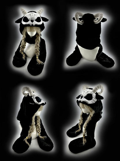 Black and White Grim Reaper Scarf Gloves and Hat All-in-one with Horns