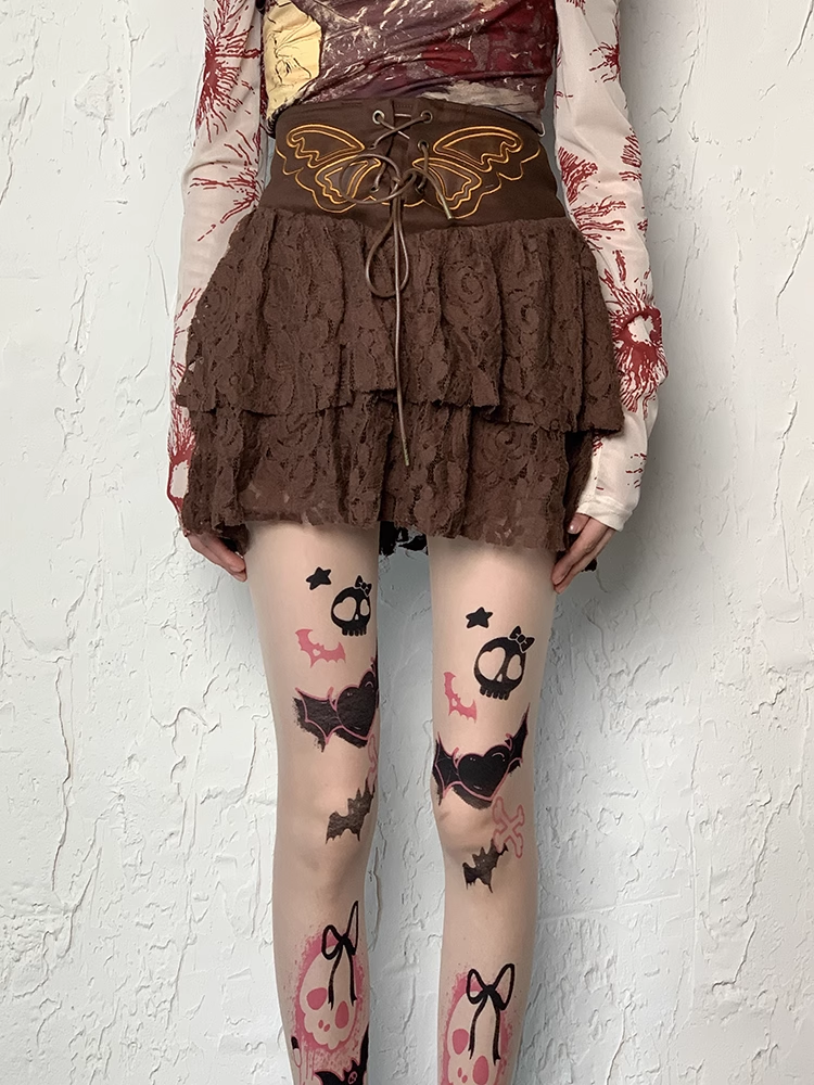 Y2K Skull and Heart Print Nude Sweet Grunge Tights