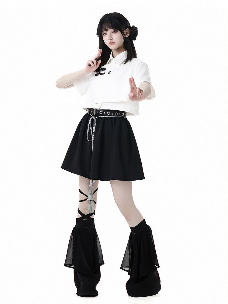 White/Gray Leather Buckles Cheongsam Style Short Sleeves Cropped Shirt with Tie