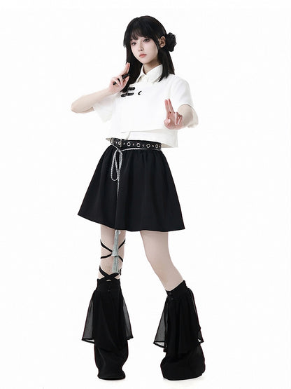 White/Gray Leather Buckles Cheongsam Style Short Sleeves Cropped Shirt with Tie