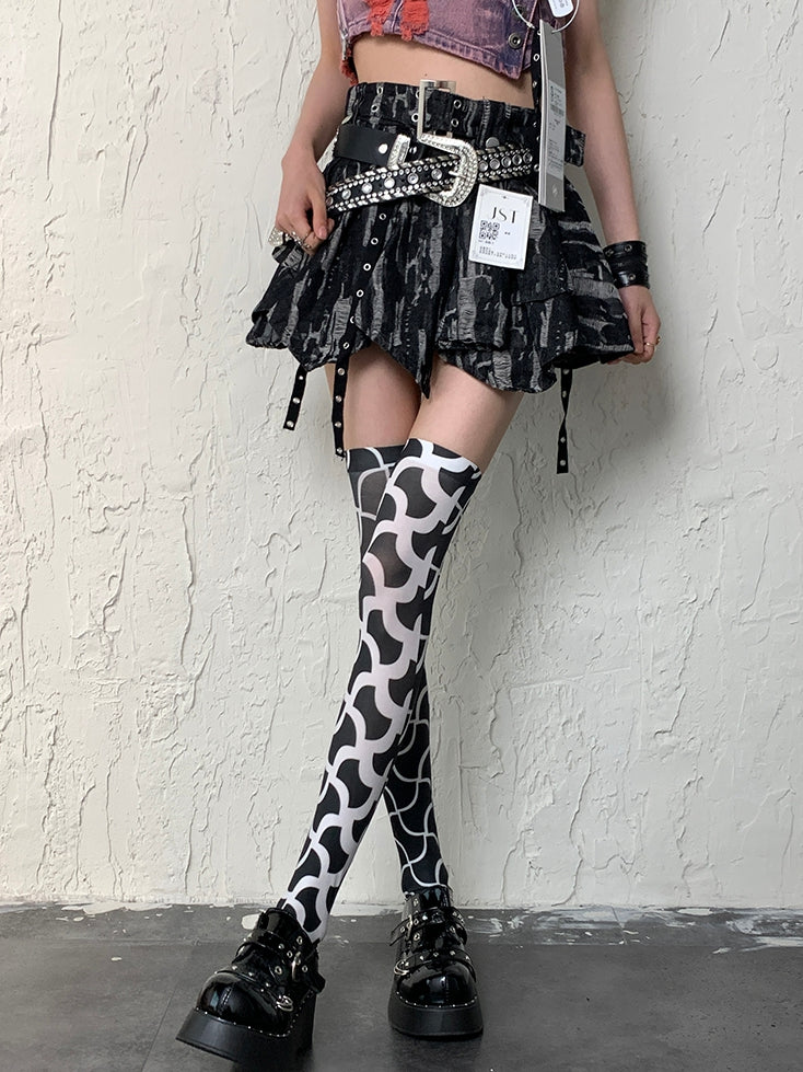 Black&White Y2K Asymmetrical Design Overknee Stockings