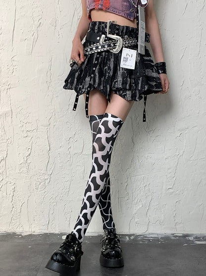 Black&White Y2K Asymmetrical Design Overknee Stockings