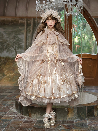 Champagne Self-tie Big Bow Neckline Cloak Cascading Ruffle Trimming