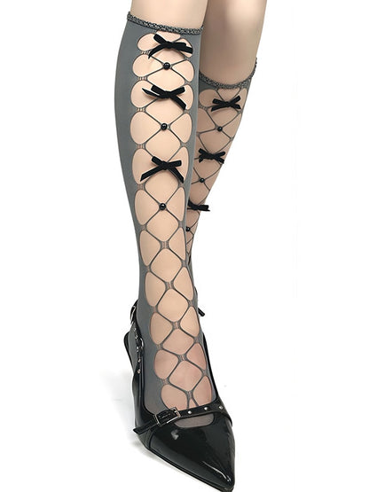 White/Black/Gray Bowknot Details Cutout Design Under-Knee Stockings