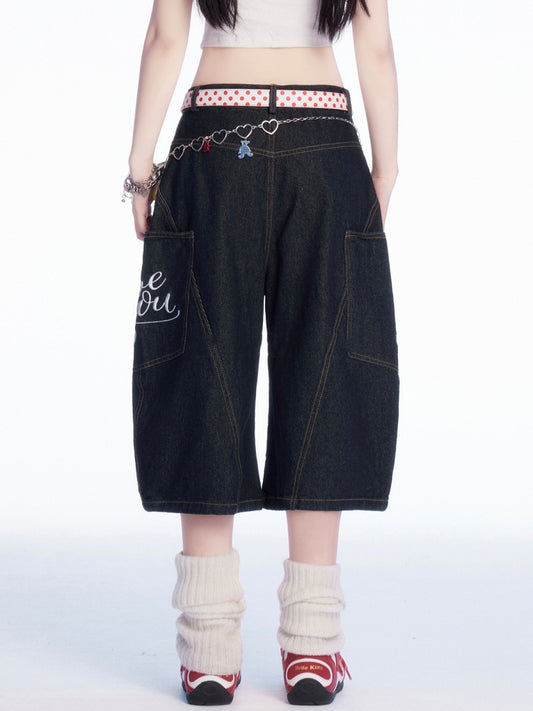 Black Low Waist Heart Embroidery Wide-leg Cargo Jeans