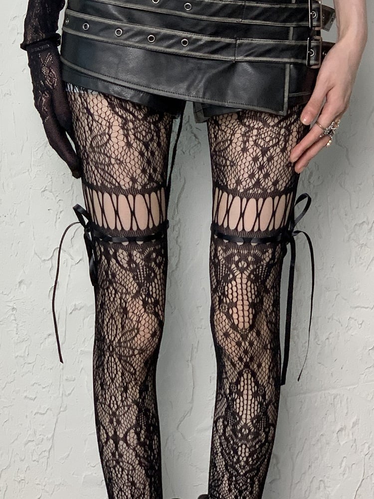 Coffee/Gray/Black/White/Purple/Blue Y2K Floral Pattern Self-tie Straps Cut-out Design Tights