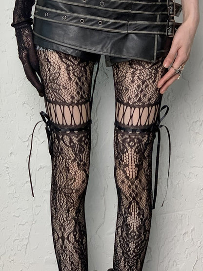 Coffee/Gray/Black/White/Purple/Blue Y2K Floral Pattern Self-tie Straps Cut-out Design Tights