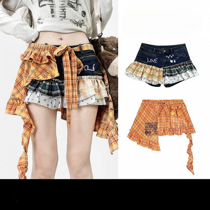 Blue Y2K Plaid And Polka-dot Pattern Shorts + Orange Plaid Pattern Letter Print Accessory