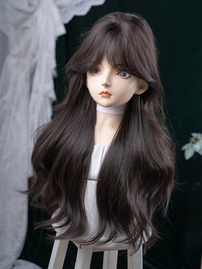 Black Tea 73CM Length Wavy Wig With Curtain Bangs