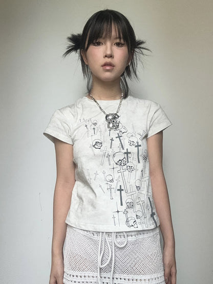 Black/White Skeleton and Cross Pattern Top