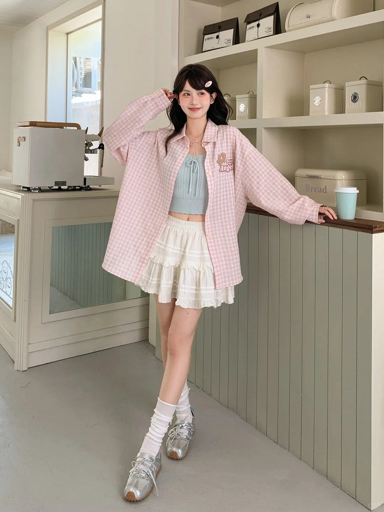 Adorable Bear Embroidery Pink Loose Plaid Shirt