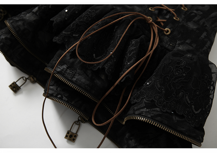 Black  Lace-up Details Lace Trim Tiered Skirt