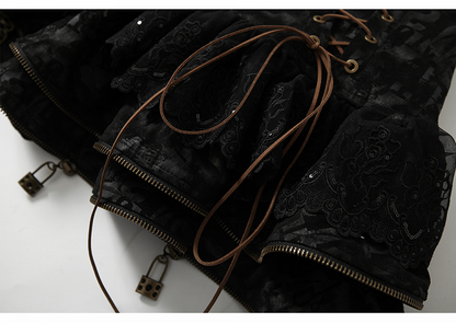 Black  Lace-up Details Lace Trim Tiered Skirt