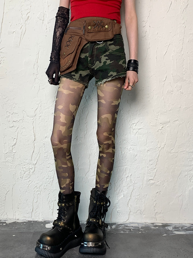 Green Gyaru Fashion Camo Pattern Tights