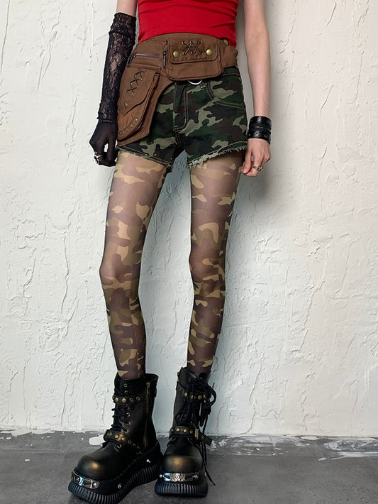 Green Gyaru Fashion Camo Pattern Tights