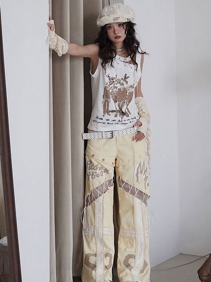 Cutout Detail White Lace-up Detail Tank Top