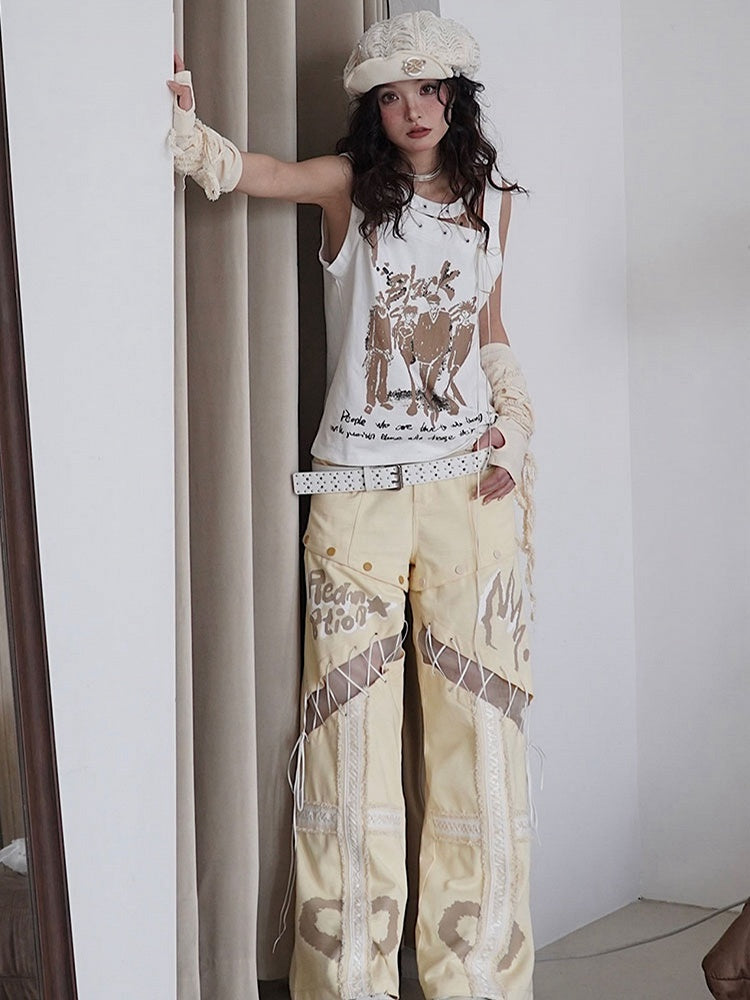 Cutout Detail White Lace-up Detail Tank Top