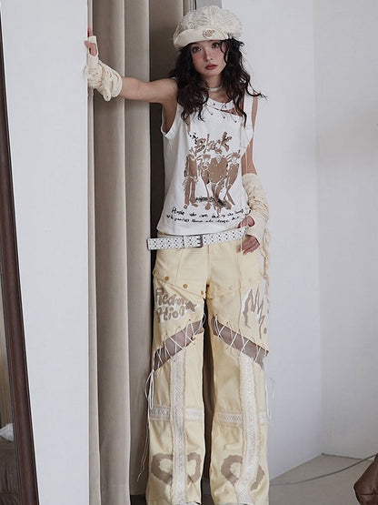 Cutout Detail White Lace-up Detail Tank Top