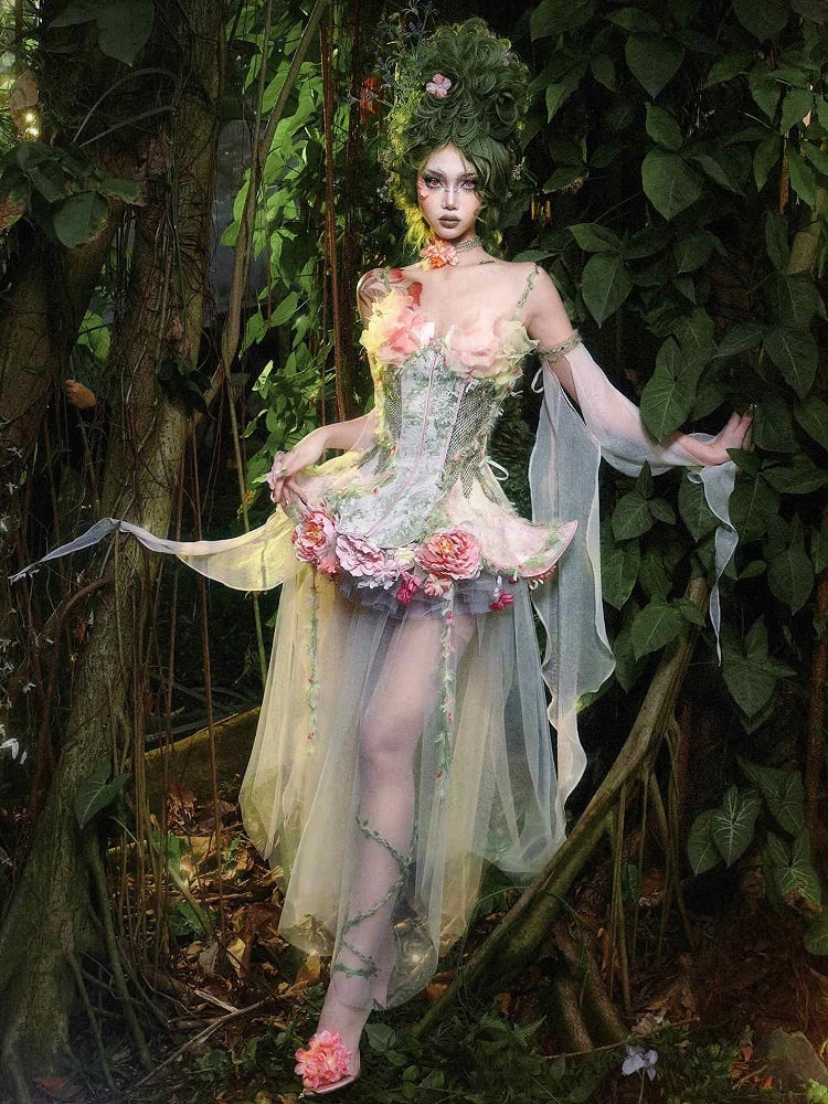 Forest Fairy Goth Pink and Green Boned Corset + Tulle Overlay + Floral Petticoat + Sleeves