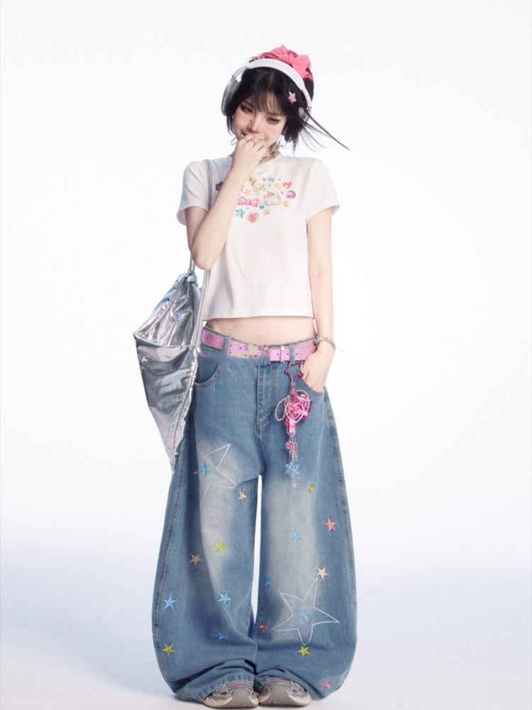 Adorable Print White Round Neck Slim Fit T-shirt