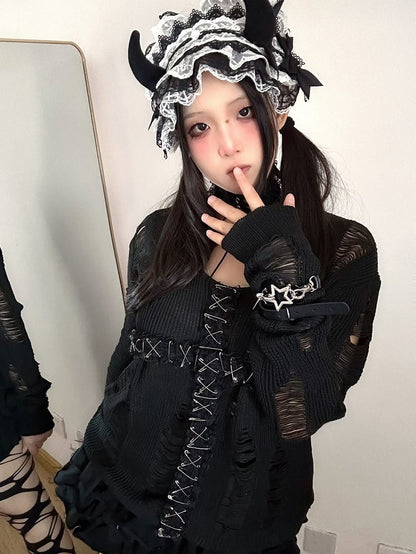 Black/Black & Red Lace Cross Hollowed-out Design Gothic Sweater