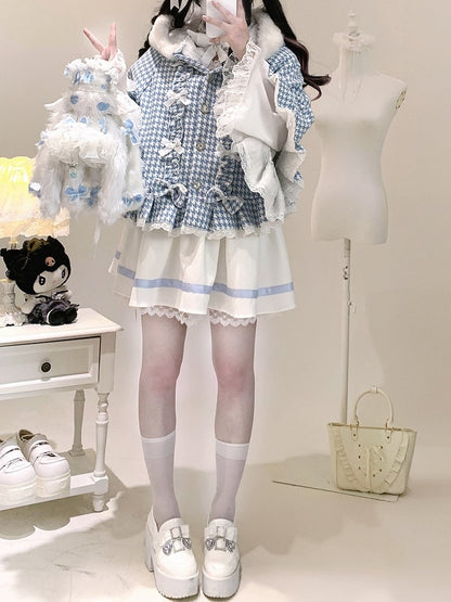 Jirai Kei Houndstooth Fleece-Lined Hooded Cape with Heart Buttons, Bow & Pompom | 3 Colors