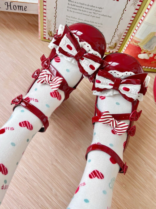 Crisscross Details, Decorative Heart & Discreet Snap Fastener PU Wine Red Mid-heel Shoes in Sweet Lolita