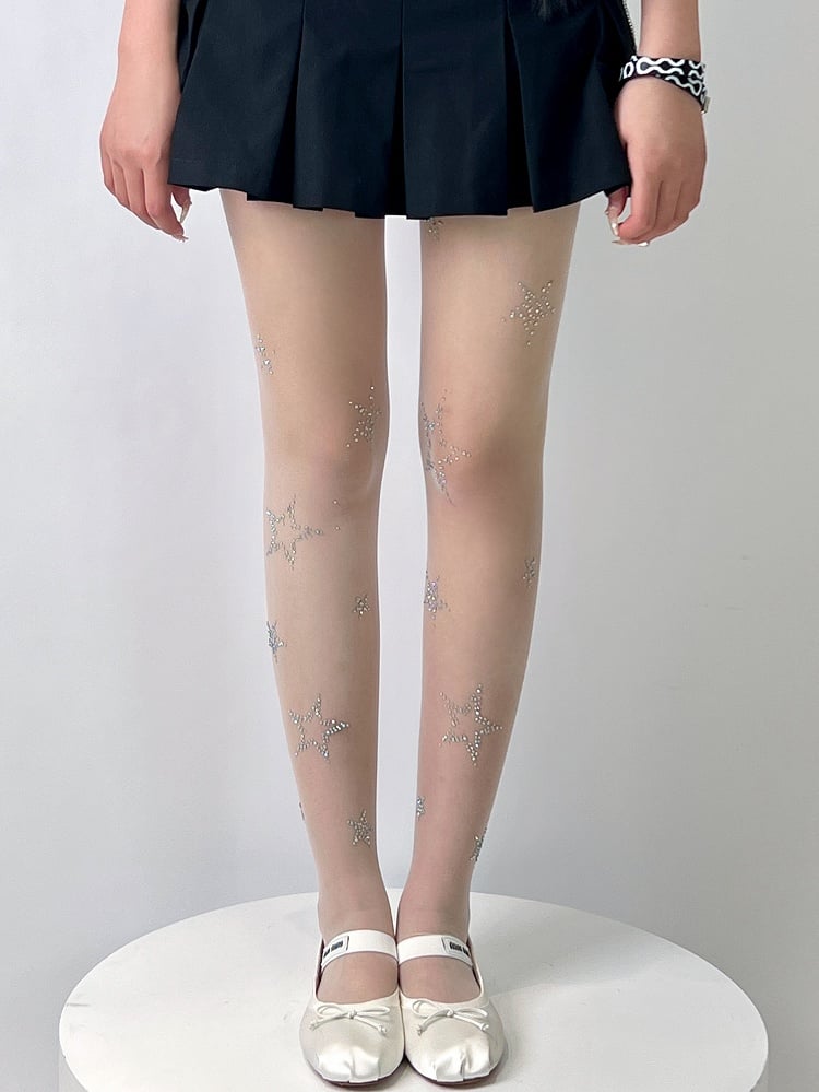 White Y2K Rhinestone Star Decorated Tights
