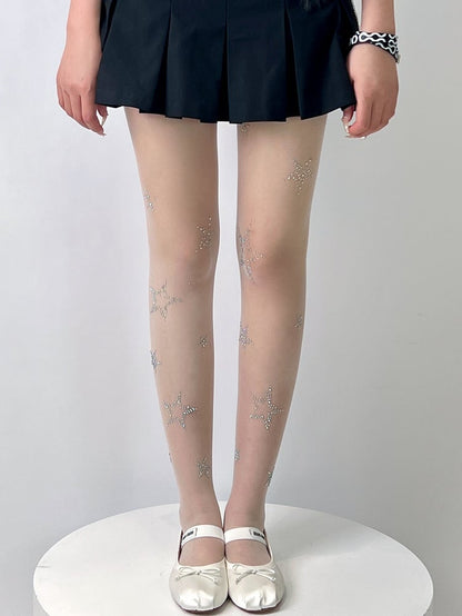 White Y2K Rhinestone Star Decorated Tights