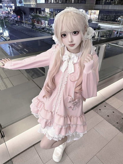 Sweet Pink Jirai Kei Bunny-Eared Hoodie Dress | Tiered Ruffles & Heart Pockets