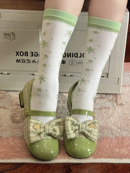 Green Christmas Snowflakes Lolita Calf Socks