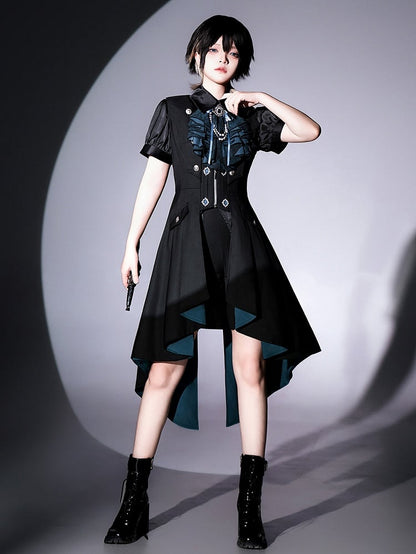 Clearance-Size L for Waist 84CM Black Bat Wings Shape Collar Ouji Lolita Blue Lining Long Waistcoat