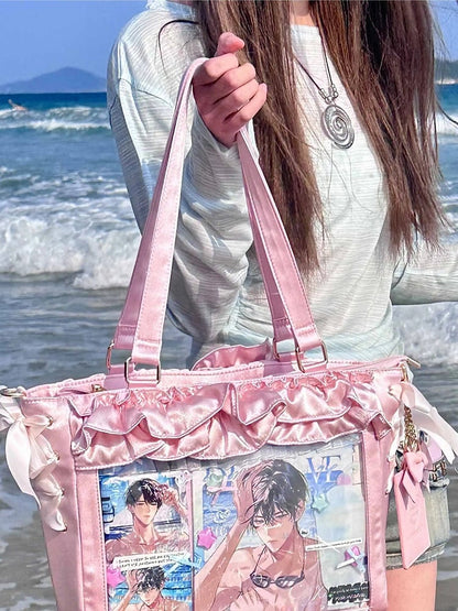 Pink Satin Ruffle Trims Self-tie Straps Ita Bag With Bow Card Holder