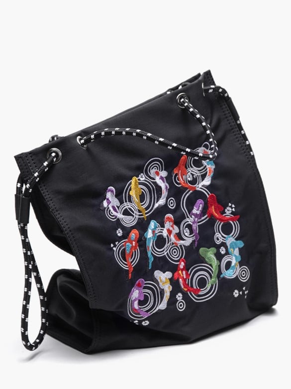 Trendy Black Lucky Koi Embroidery Tote Bag With Zipper Closure And Drawstring Strap