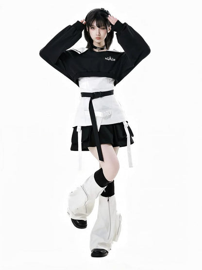 Black and White Zipper Detail Drawstring Cuffs Techwear Flared Leg Warmers