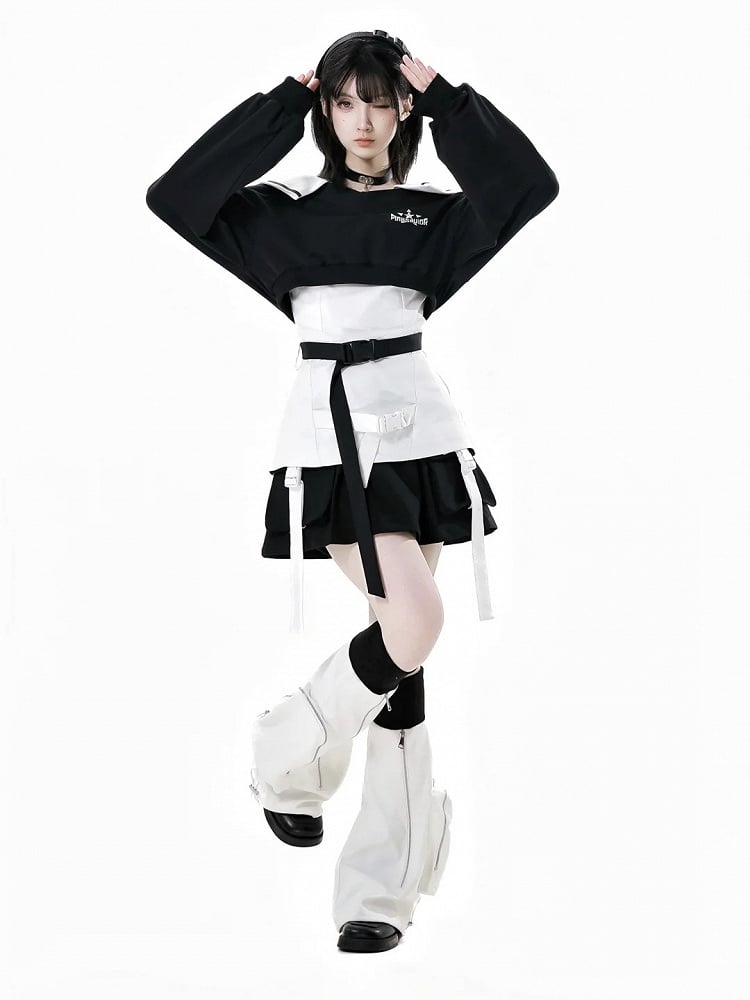 Black and White Zipper Detail Drawstring Cuffs Techwear Flared Leg Warmers