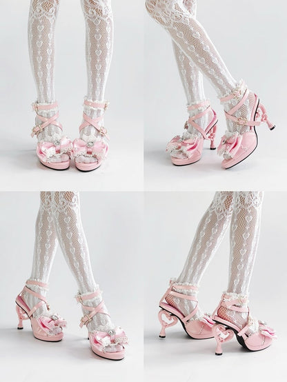 Pink Hime Gyaru Shoes Magical Girl Bow at Top Heart-shaped High Heels Sandals