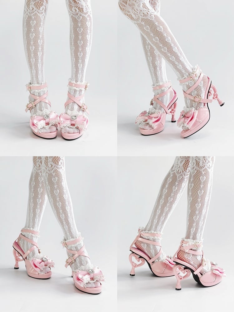 Pink Hime Gyaru Shoes Magical Girl Bow at Top Heart-shaped High Heels Sandals
