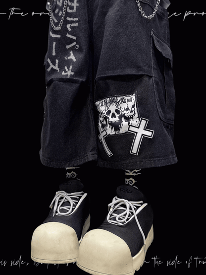 Dark Blue Skeleton and Cross Applique Punk Wide-Leg Cargo Jeans