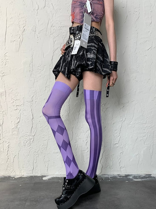 Purple Y2K Striped And Diamond Pattern Asymmetrical Design Overknee Stockings
