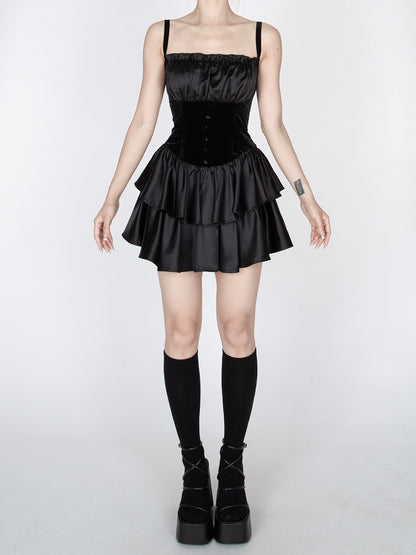Gothic Black Tiered Skirt Vintage Cami Dress