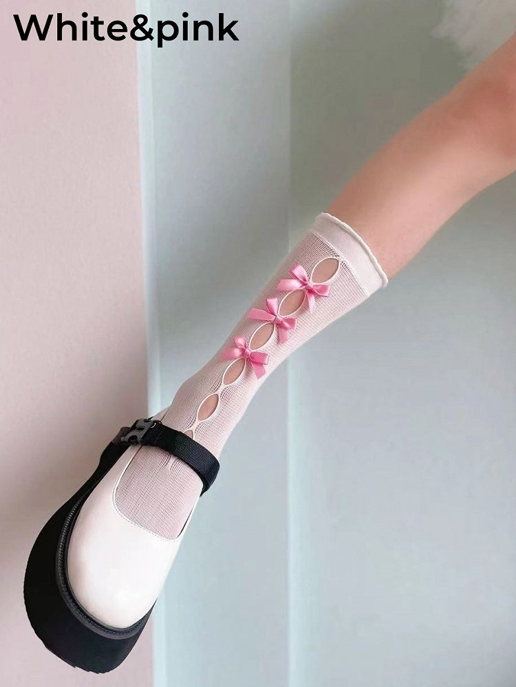 6 Colors Bowknots Cutout Lolita Calf Socks