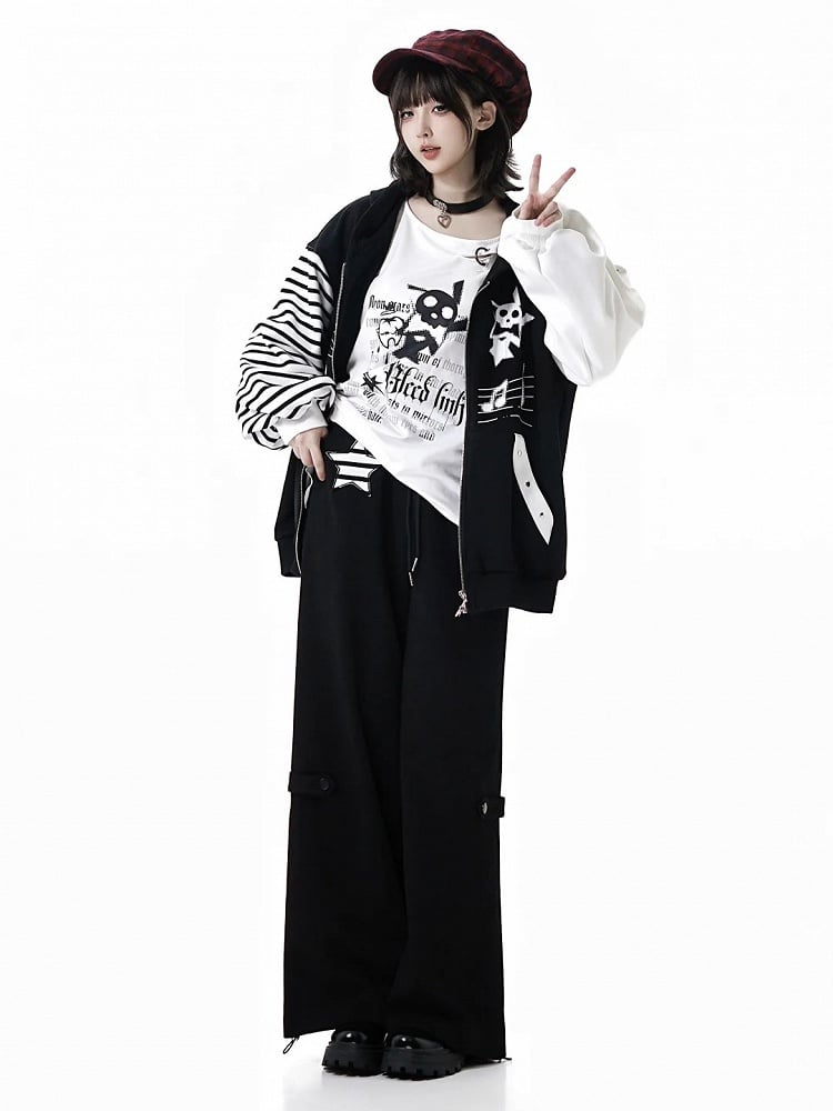 Black Drawstring Straight-Leg Pants with Star Stripe Applique Design