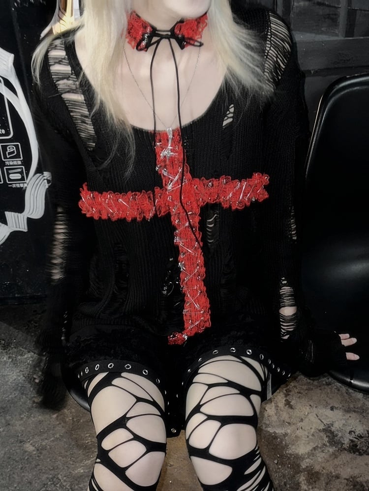 Black/Black & Red Lace Cross Hollowed-out Design Gothic Sweater