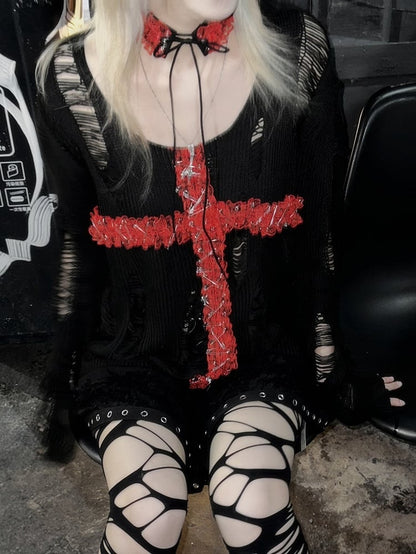 3 Colors Lace Cross Applique Hollowed-out Gothic Sweater + Lace-up Detail Choker